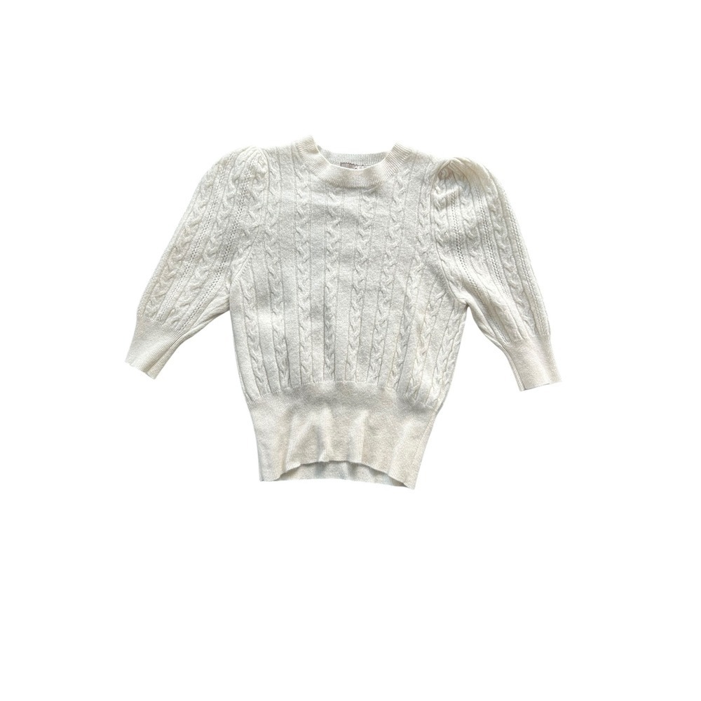 Khan Bogd Mongolian Cashmere‎ Cable Knit Puff Sleeve Sweater Cream Ivory Size S